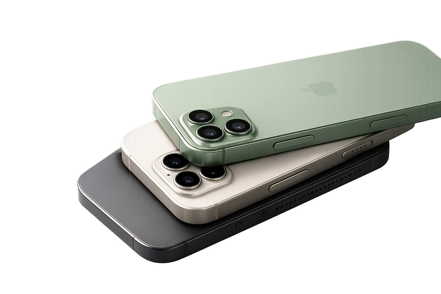 Tres iPhones reacondicionados apilados en distintos colores