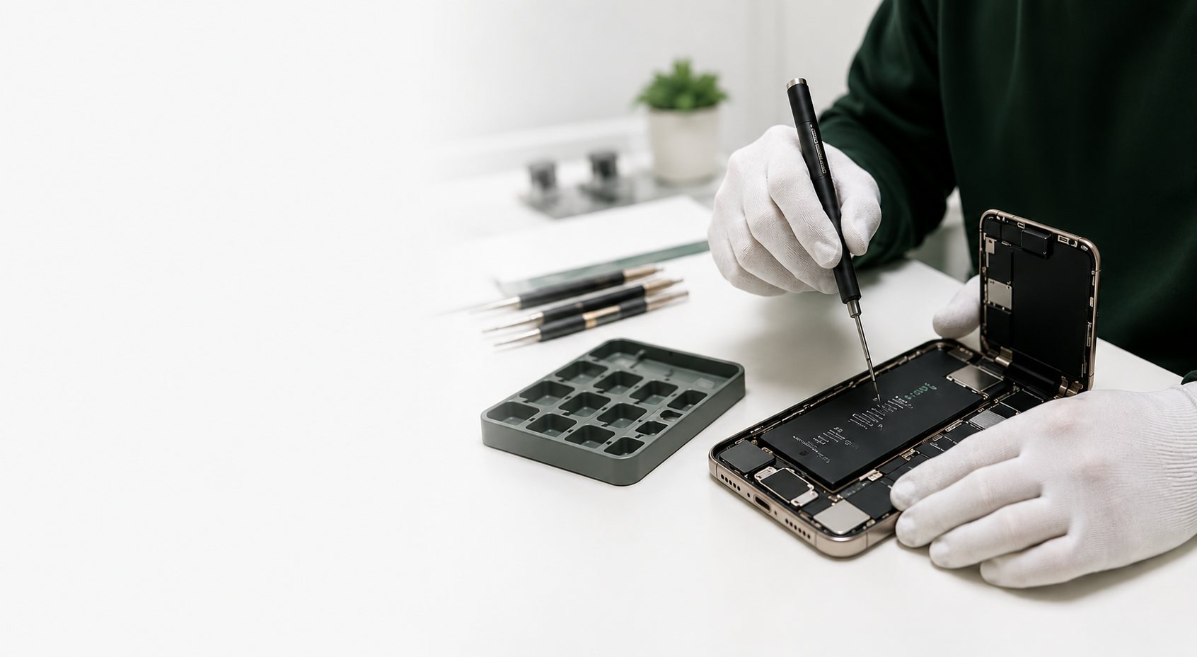 Técnico certificado revisando un iPhone con guantes blancos