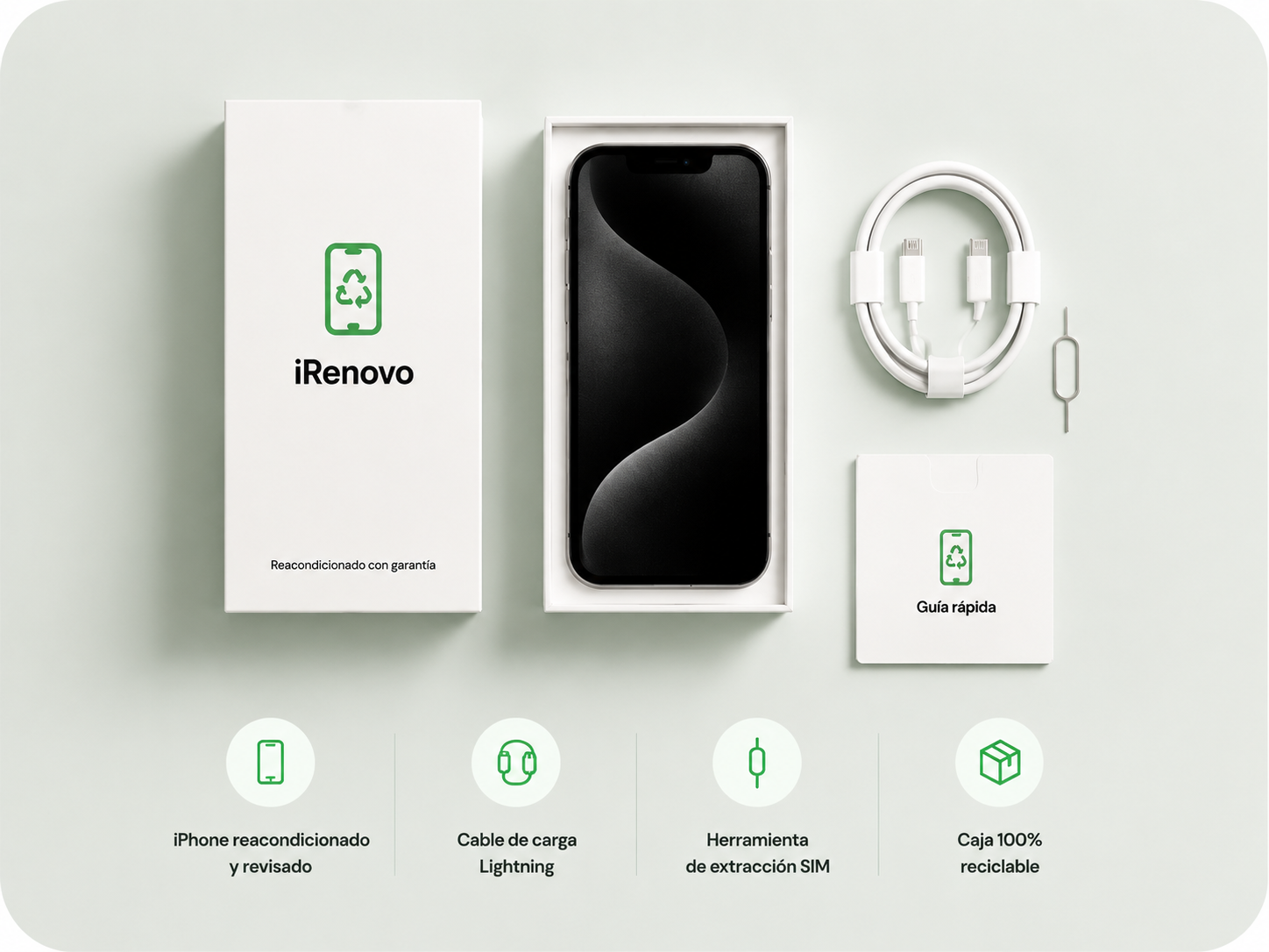 Contenido de la caja iRenovo: iPhone, cable, herramienta SIM y guía rápida