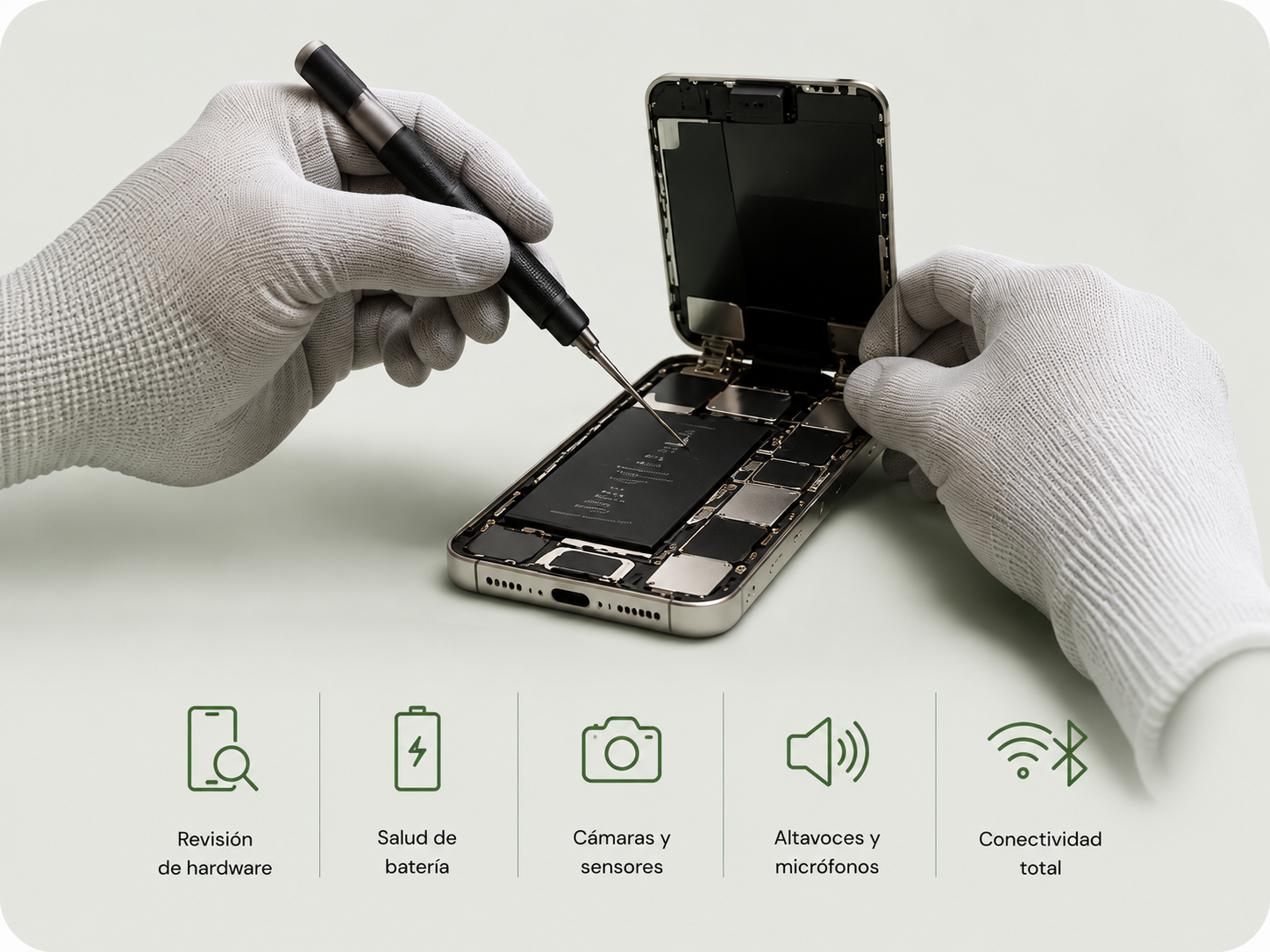 Técnico con guantes revisando el interior de un iPhone